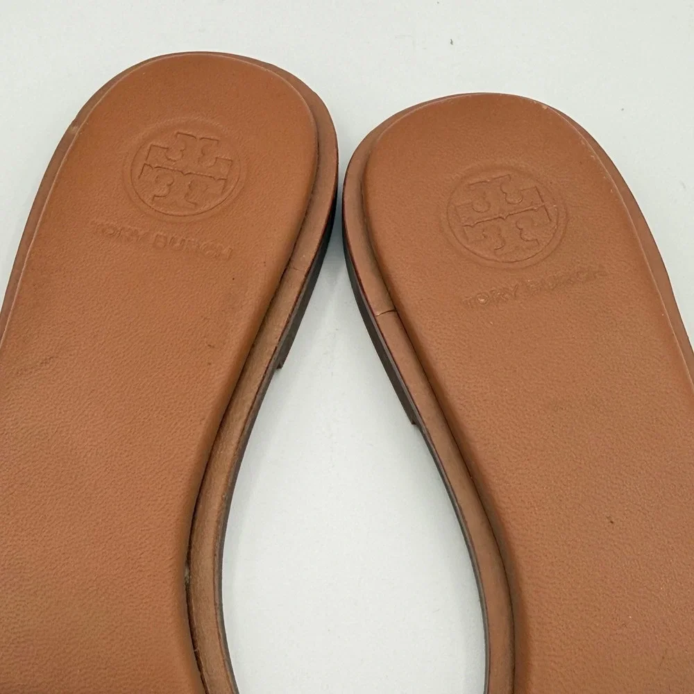 Tory Burch Everly Slide Sandals Womens 7M Tan Leather Gold Logo Flat Summer Chic